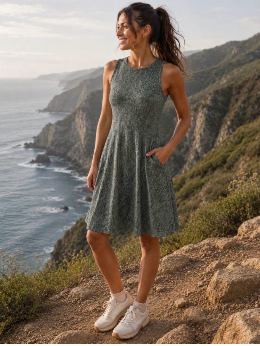 Athleta Printed A-Line Skirted Dress in Laurel Olive